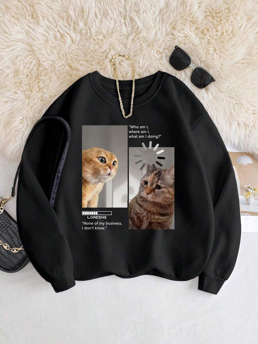 SHEIN EZwear Cat Face & Slogan Graphic Print Regular Fit Crew Neck Women Sweatshirt - Black - View 1