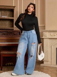 SHEIN EZwear Body cu gât negru de mărime Plus pentru Toamnă/Iarnă - Negru - Vizualizare 4