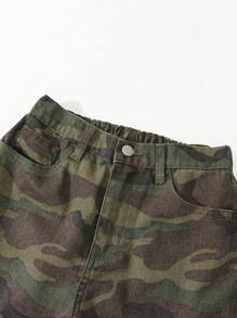 SHEIN Sparklyn Tween Girls Y2K 多口袋街头休闲松紧腰迷彩洗水牛仔工装裤 - 彩色 - 查看 3