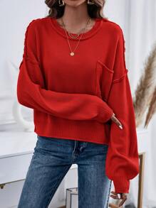 SHEIN Unity Women Solid Color Pocket Round Neck Drop Shoulder Long Sleeve Casual Sweater, Autumn/Winter For New Year Knit Pullover Fall - Red - View 5