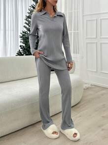 RueChic 罗纹针织高领长袖衬衫和高弹性腰裤休闲两件套服装