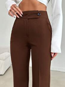 EURMUSE Women's Plain Button And Zipper Closure Straight Leg Pants - Brown - View 3