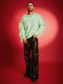 Manfinity Homme Men Gradient Color Colorful Splice Fringe Crew Neck Long Sleeve Casual Fashion Cable Knit Sweater, For Autumn/Winter, Party, Friends - Multicolor - View 3