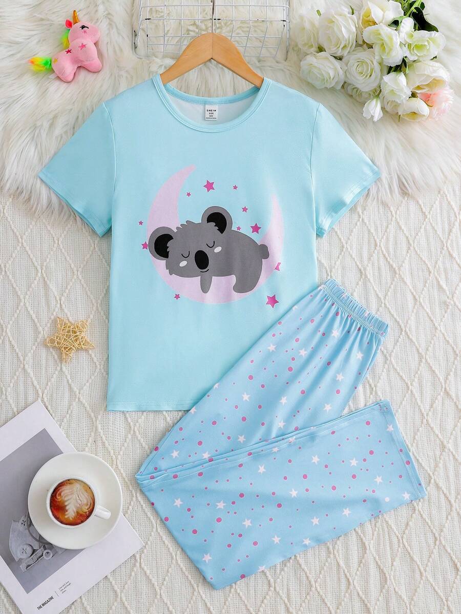 2pcs/Set Tween Girl Cute Koala Print & Stars & Moon Pattern Loose Casual Long Pants And Short Sleeve Homewear Set - Multicolor - View 1