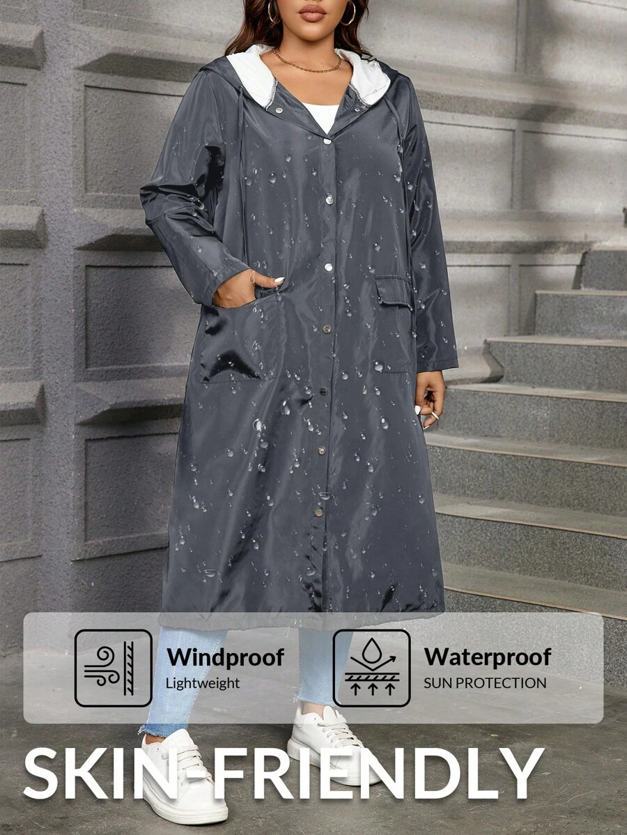 SHEIN Essnce 女士加大码黑色宽松连帽外套，休闲时尚 - 深灰色 - 查看 1