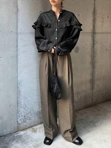 FRIFUL Women's Elegant Long Sleeve Ruffle Trim Contrast Splice Shirt, For Autumn - Black - View 2