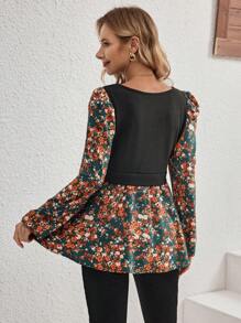 SHEIN Autumn Maternity Patchwork Print Lantern Sleeve Shirt - Multicolor - View 2