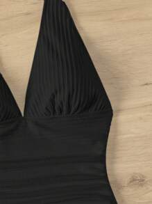 SHEIN Swim 1pc Deep V-Neck Backless Sexy One-Piece Swimsuit Summer - Black - View 3