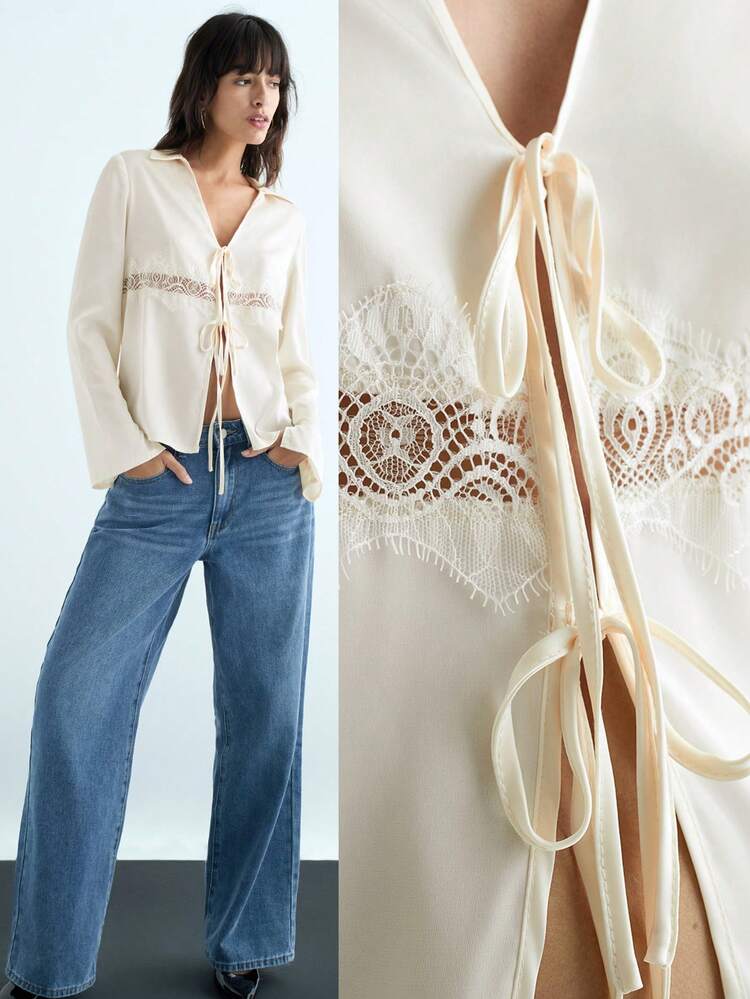 SHEIN Maija Nouvelle chemise tressée élégante et décontractée à lacets pour femmes, couleur abricot et champagne, convenant aux occasions quotidiennes, festives et formelles, pour l'automne/hiver