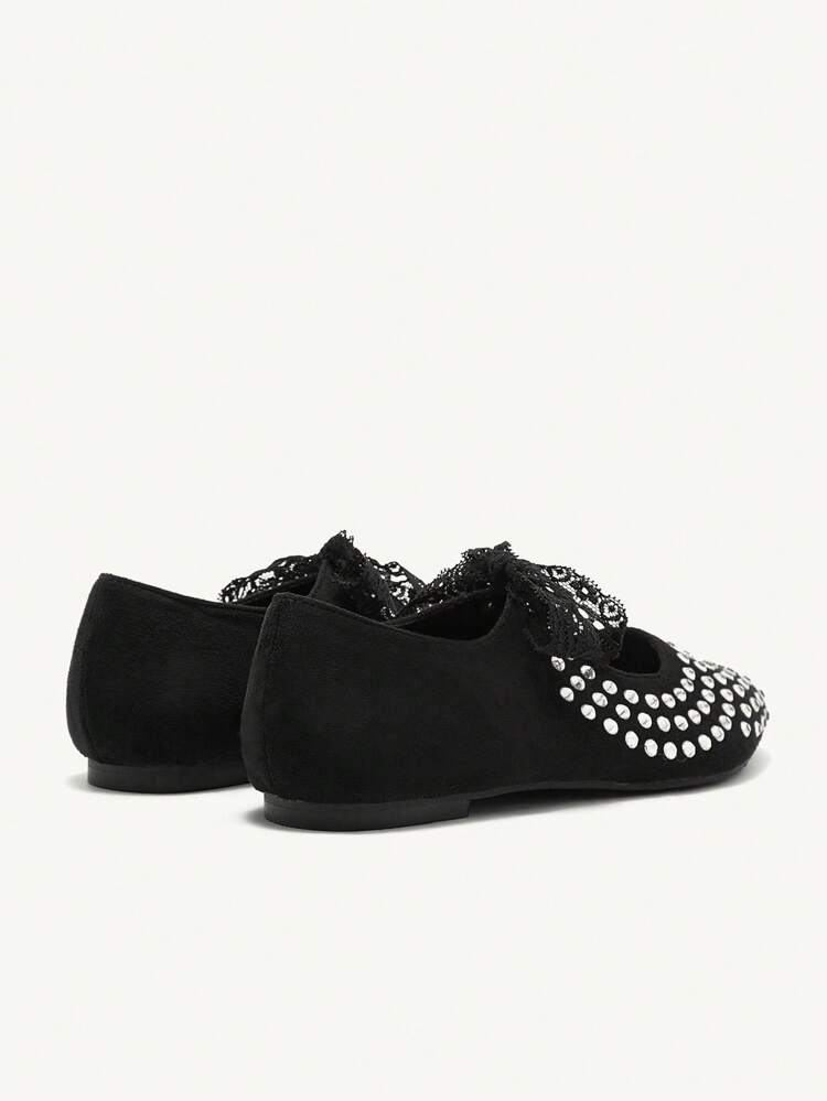 CUCCOO CHICEST Women's Pointed Toe Rhinestone Lace-Up Black Flat Loafers Valentines