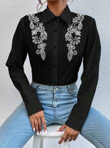 EMERY ROSE Women Front Button Long Sleeve Minimalist Embroidered Casual Blouse Women Shirt Fall Cloth For Women - Black - View 4