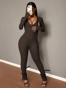 Slaydiva Bộ đồ liền quần bó cổ chữ V đơn giản màu cà phê, Thu/Đông - màu nâu - Xem 6