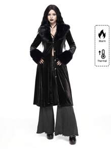 ROMWE Goth Palace Luxury Retro Plush Plush Splicing Cardigan Women Coat - Black - View 1