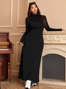 SHEIN EZwear Vestido largo de tela mullida y suave, de cuello alto, elástico y cálido, de talla grande, para otoño/invierno