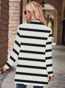 SHEIN LUNE Women's Casual Ribbed Fuzzy Contrast Ribbed Open Front Jacket With Side Pockets Shorts - Black and White - View 2