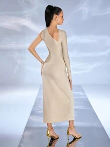 JIAN LASALA Women Apricot Midi Dresses Party,Casual Asymmetrical Neck Long Sleeve Plain Asymmetrical,Split Thigh,Cut Out Summer Outfits For Women Summer Dress For Women Sundress For Women Vacation Outfits Going Out, Wedding Guest Dress Women - Apricot - View 3