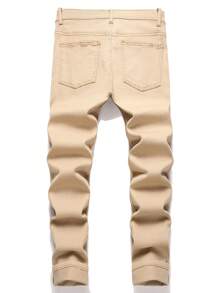 Manfinity Hypemode Herren Lässig Slim Fit Jeans in Unifarbe mit Abnutzungserscheinungen, schlichter slim fit Cargohose aus Washed Khaki, hell, ideal als Geschenk für Ehemann oder Freund - Khaki - Übersicht 2