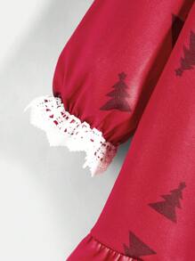 1pc Young Girl Christmas Tree Print Round Neck Long Sleeve Loose Smock Dress, Autumn - Pink - View 3