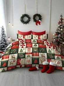 2/3 pièces Ensemble de literie de Noël, couette en microfibre douce à imprimé numérique avec motifs du père Noël, traîneau, bonhomme de neige, cloches, rennes, pins et sapin de Noël. Convient pour la chambre, la chambre d'amis, la salle de jeux, l'hôtel, le dortoir