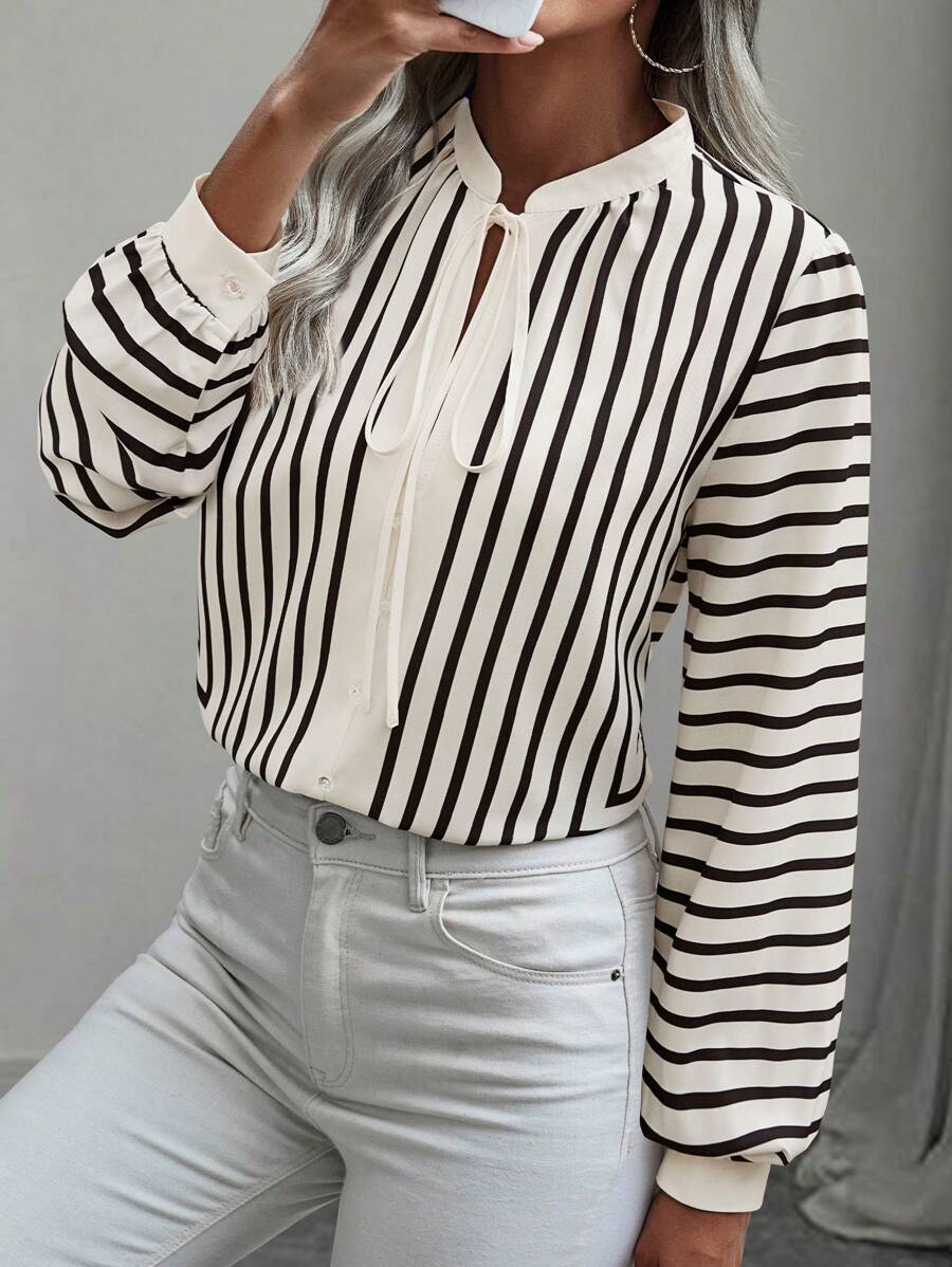 SHEIN Women Front Tie Striped Casual Long Sleeve Blouse - Multicolor - View 1