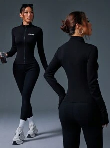 SHEIN 女士秋季休闲字母印花拉链立领运动夹克 - 黑色 - 查看 1