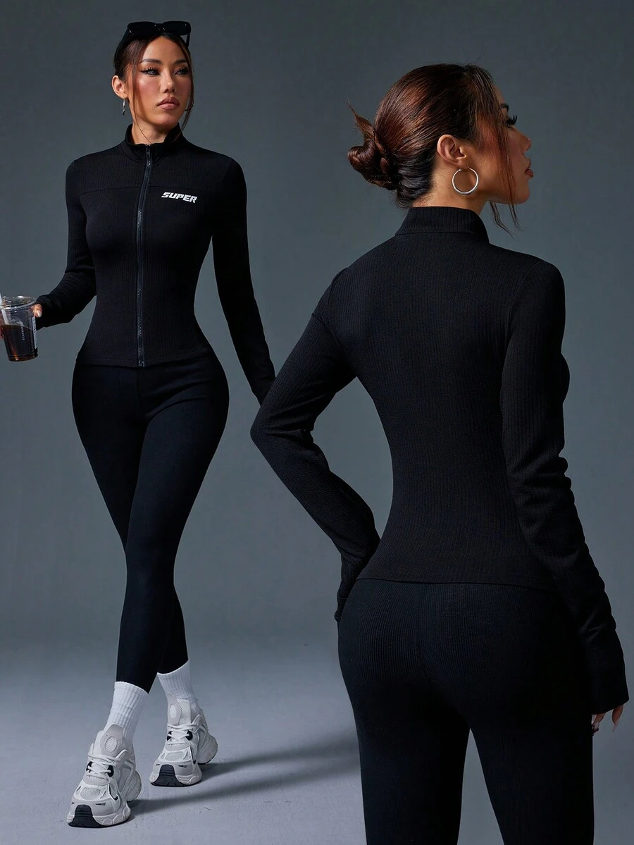 SHEIN 女士秋季休闲字母印花拉链立领运动夹克 - 黑色 - 查看 1