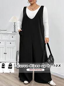 SHEIN CURVE+ Kombinezon damski Curve Plus Size z dekoltem w serek i luźnymi kieszeniami Palazzo, swobodny na jesień