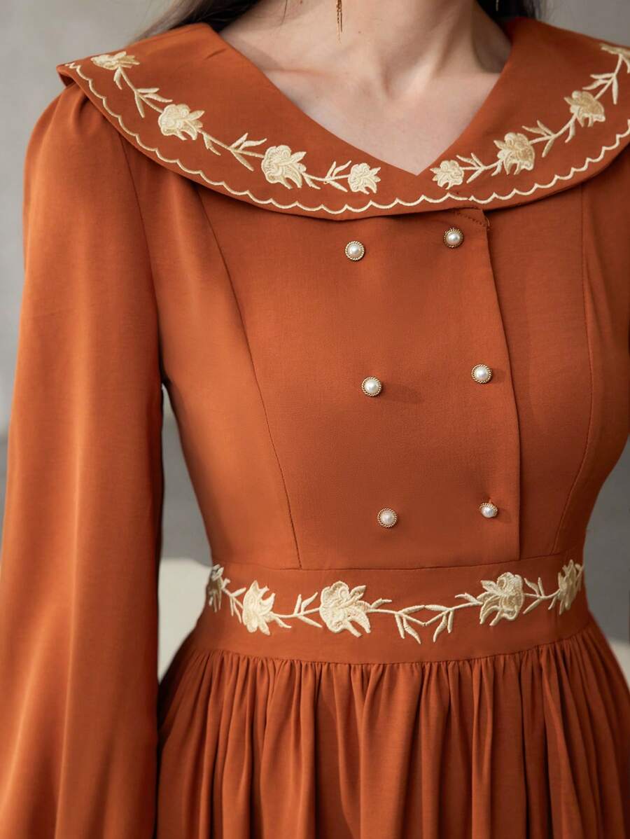 Modelyn 刺绣双排扣彼得潘领优雅长袖连衣裙超长女士装长款晚礼服 - 珊瑚橙 - 查看 1