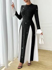 Calvaya Women's Elegant Glitter Splice Hem & Cuff Long Sleeve A-Line Dress, Autumn/Winter Maxi Women Outfit