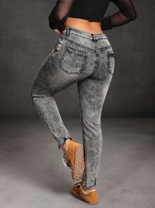 SHEIN SXY Quần Jeans Rách Thường Ngày Túi Nút Phía Trước Cho Nữ - Màu xám đen - Xem 3
