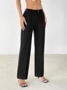 SHEIN PETITE Pantalones rectos lisos de uso casual y de oficina para mujeres