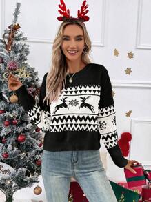 Chiquease 圣诞撞色小鹿与几何图案针织毛衣 秋冬 - 黑與白 - 查看 6