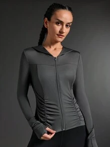 SHEIN Sports Solid Color Ruched Fitted Hooded Sports Jacket