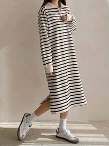 DAZY 女式条纹宽松翻领中长款衬衫裙，秋季服装 - 黑與白 - 查看 1