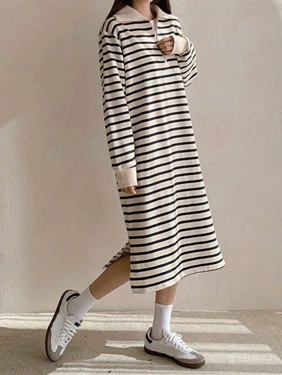 DAZY 女式条纹宽松翻领中长款衬衫裙，秋季服装 - 黑與白 - 查看 1