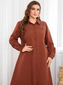 Al Najma Lace Trim Collar Splice Elegant Plus Size Women Long Dress, Modest Casual Shirt Maxi Dresses, For Casual Daily