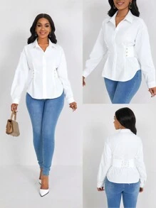 Lyxana Women Solid Color Long Sleeve Fitted Shirt, Minimalist Style, Suitable For Commuting, Autumn