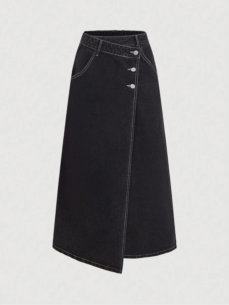 SHEIN MOD Women's Denim Midi Straight Skirt, Fall Women Skirts, Street Wear Women, Women Denim Skirt, Asymmetrical Skirt, Fall Women Clothes, Winter Skirt, Business Casual Women, Winter Women Outfits - Black - View 1