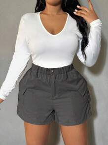 SHEIN SXY Quần short thường ngày cạp chun co giãn cỡ lớn cho nữ mùa xuân có túi hộp - Xám - Xem 3