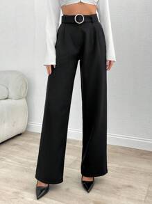 RueChic Women Solid Color High Waist Straight Pants With Belt Detail - Black - View 3