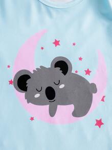 2pcs/Set Tween Girl Cute Koala Print & Stars & Moon Pattern Loose Casual Long Pants And Short Sleeve Homewear Set - Multicolor - View 3
