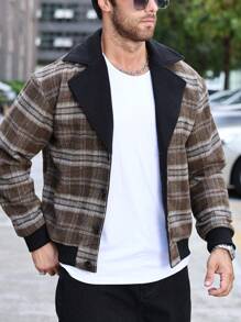 Manfinity Homme Chaqueta casual versátil de manga larga con estampado de cuadros para hombre, chaqueta cálida de diseñador color caqui para salir