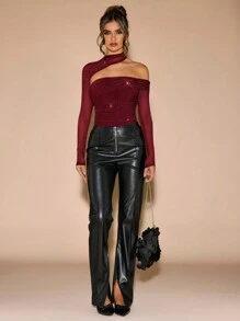 SHEIN BAE 女士秋冬长袖网眼不对称领收腰修身上衣 - 酒紅色 - 查看 6