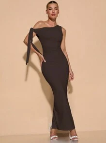 SHEIN BAE Women Solid Color Asymmetrical Shoulder Tie-Up Ruched Elegant Side Slit Evening Dress, Graduation Season,Valentine's Day,Valentine Outfits For Women - Coffee Brown - View 4