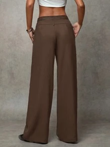 SHEIN BAE Women's Solid Color Commute Casual/Fashionable Street/All-Match Relaxed/Old Money Style Lace Contrast Waist Pockets Wide Leg Loose Pants - Coffee Brown - View 2