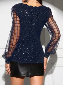 SHEIN Clasi Women Elegant Charming Wave Hem Sheer Contrast Mesh Puff Lantern Sleeve Sequin Blouse - Navy Blue - View 2