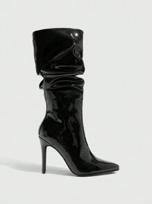 CUCCOO SZL Modische Patentleder-Stiefel mit Faltendetails und spitzer Zehenpartie, Overknees mit hohem Absatz für Frauen, die weihnachtliche und neujährliche Stimmung für Herbst und Winter sowie Valentinstag versprühen