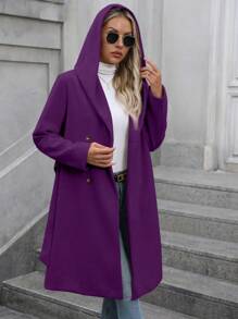 SHEIN Clasi Women Regular Casual Commuter Fashion Business Belt Waist Hooded Long Sleeve Regular Coat - Purple - View 3