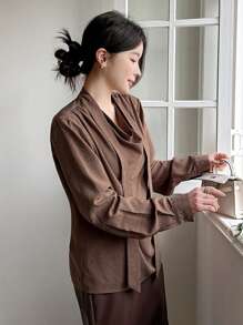 DAZY Solid Color Loose Flared Collar Long Sleeve Shirt For Women,Fall Clothes