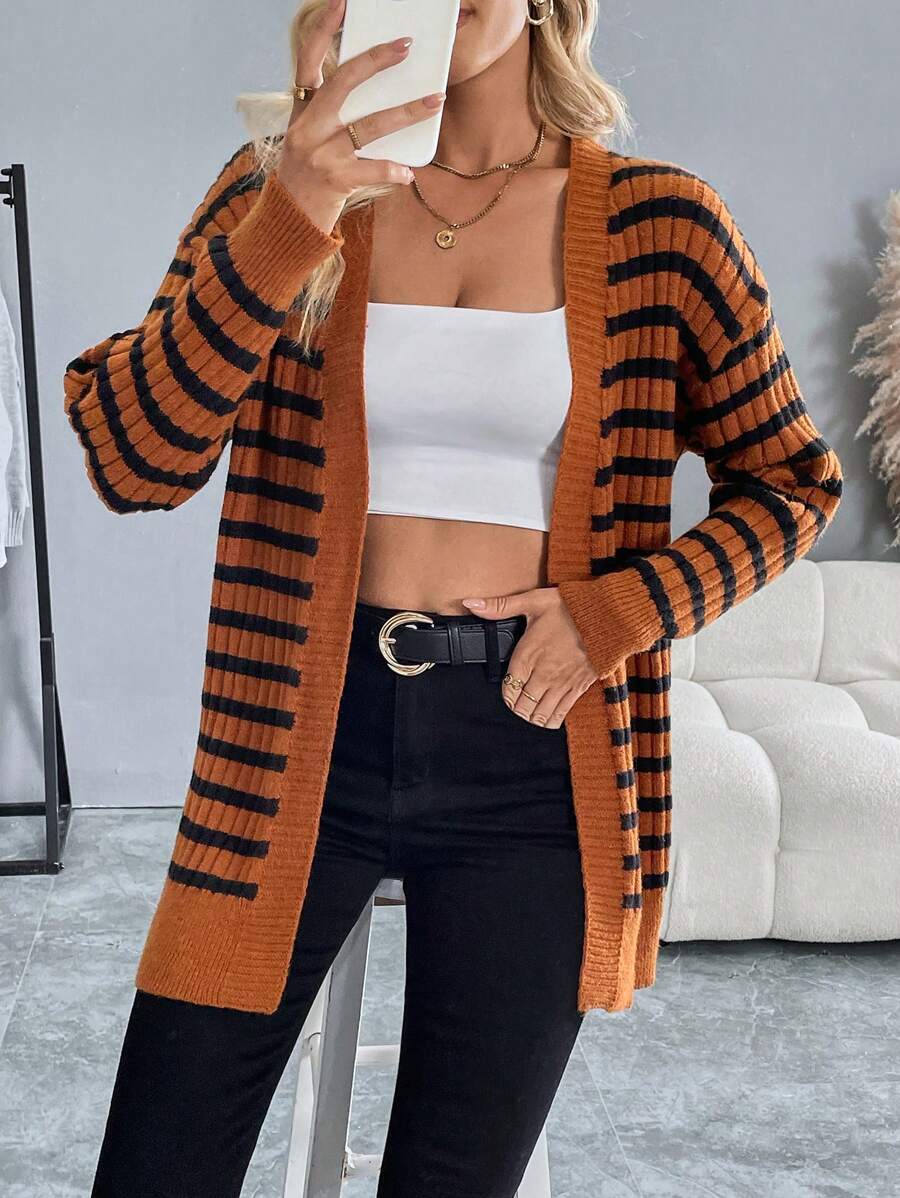 SHEIN LUNE Áo khoác cardigan hở vai dài tay hở phía trước cho nữ, thu/đông - Cà phê nâu - Xem 1